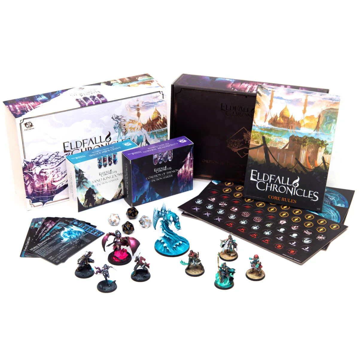 eldfall chronicles core rule book tokens and demonic and desert themed miniatures
