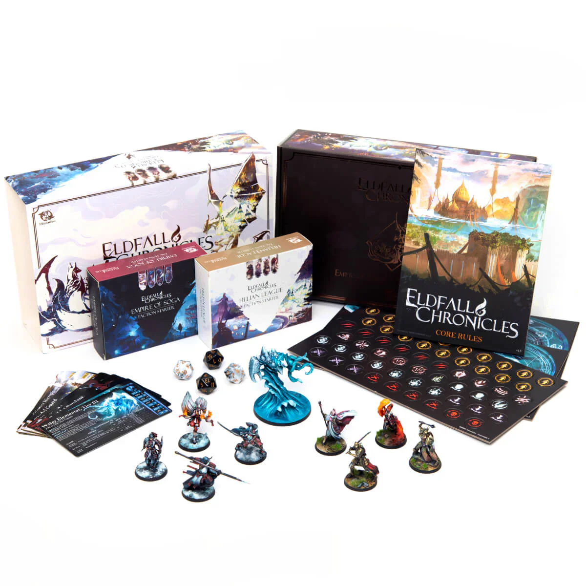 eldfall chronicles core rule book tokens and painted miniatures