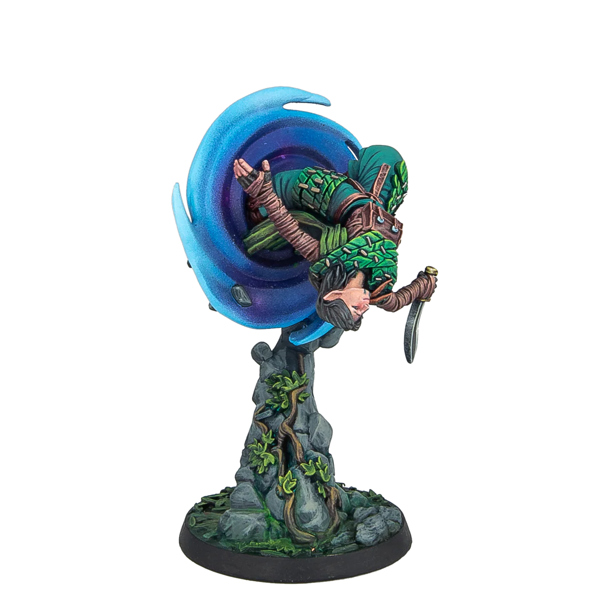 elf doing a backflip out of a portal painted miniature