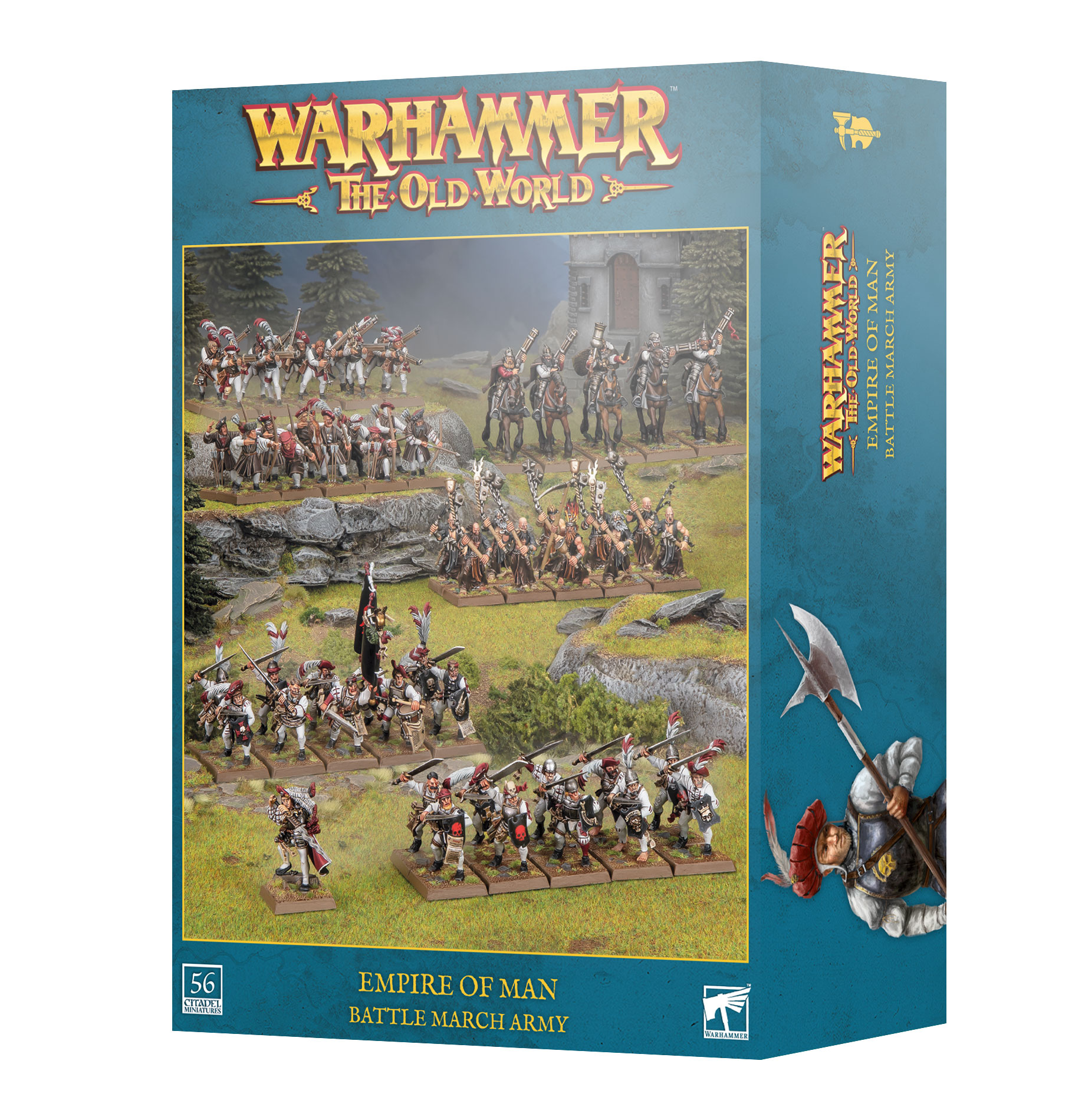 blue box with gold text and diorama of painted human miniatures