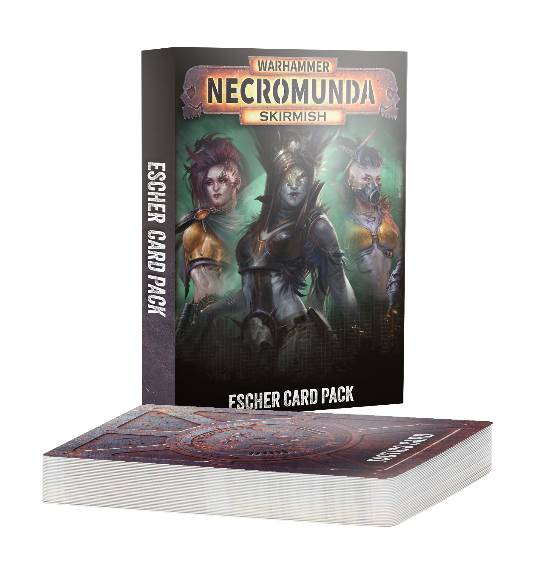 stack of cards next to pack featuring art of two women with mow hawks and one blue skinned woman in black