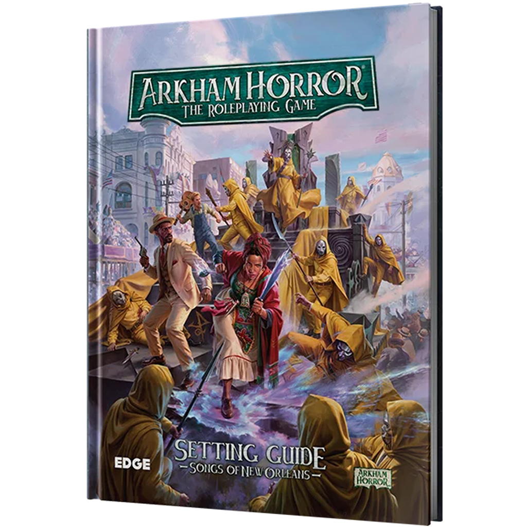 book cover featuring woman in red surrounded by armed figures in yellow robes and silver masks