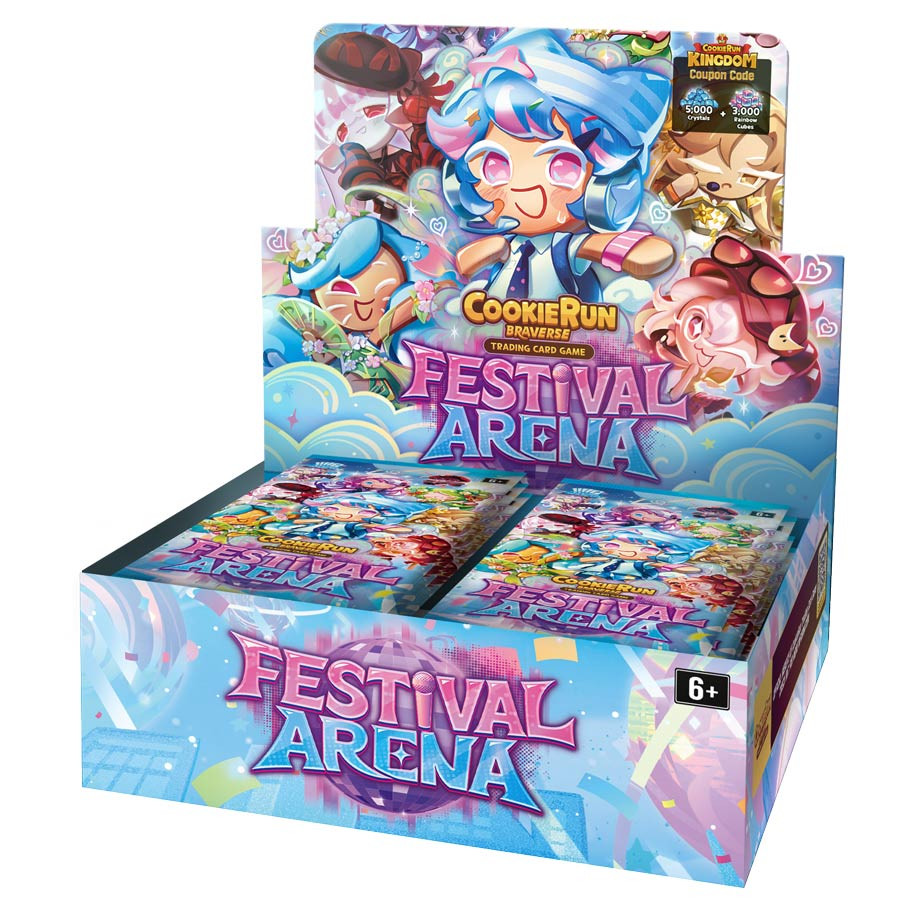 blue and pink themed open display box containing two stacks of booster packs featuring cartoon characters from the game cookie run