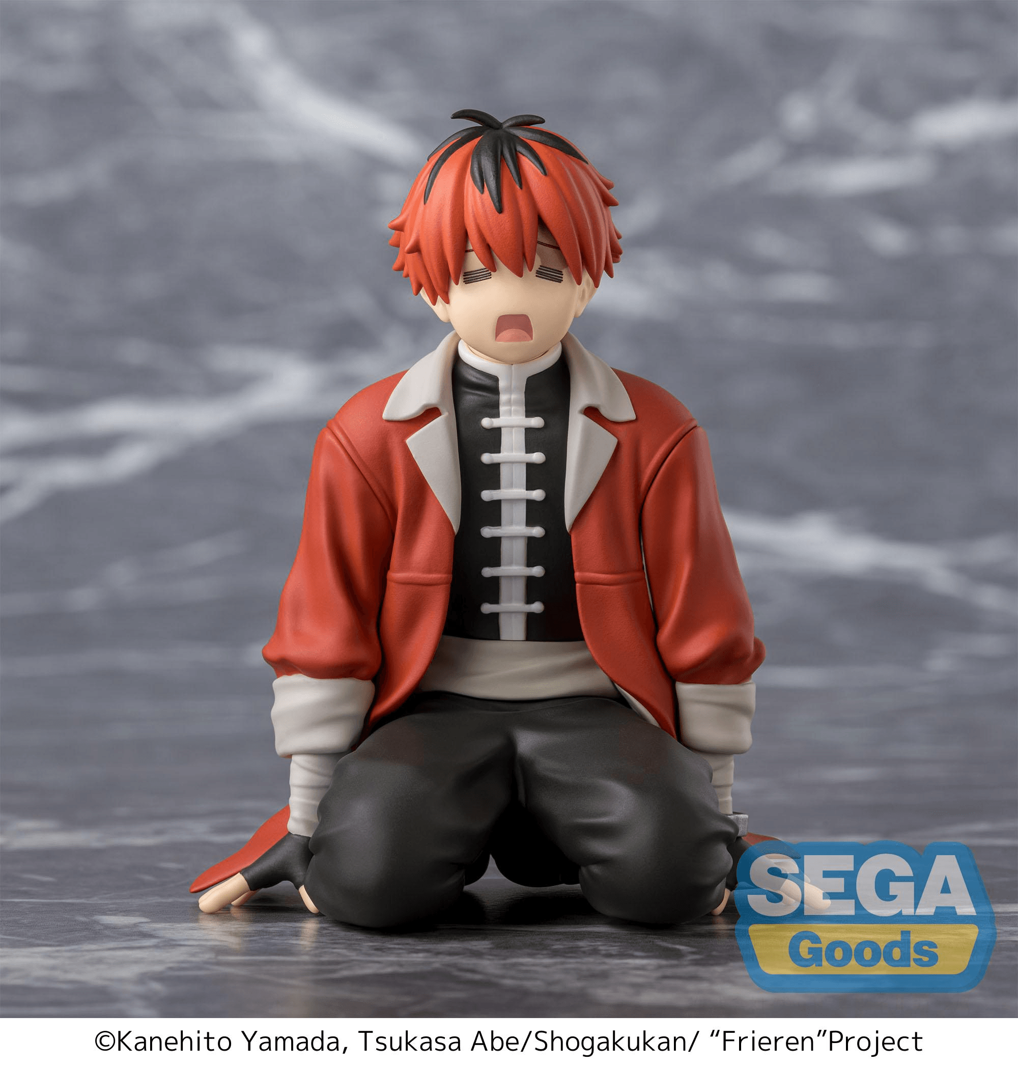figure of man with red hair and red coat kneeling with distressed facial expression