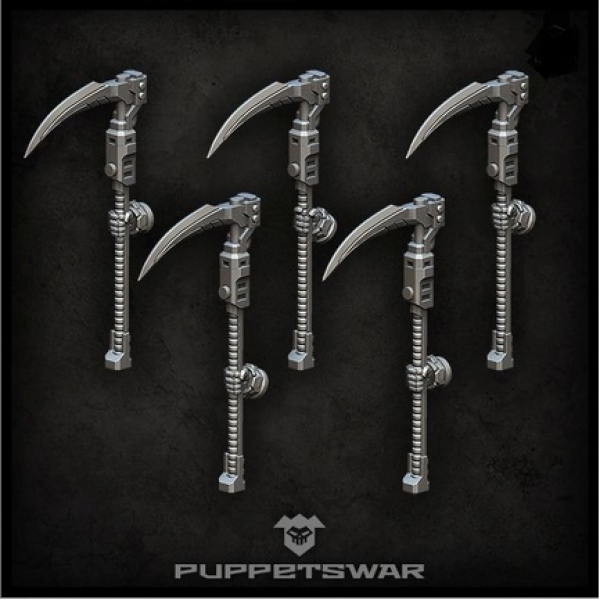 five long handled scythes with attached hands
