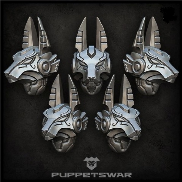 five mechanical jackal heads