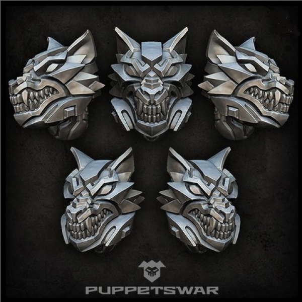 five mechanical wolf heads