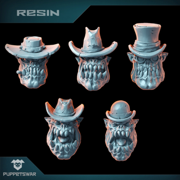 five orc heads wearing cow boy top hat or bowler hats