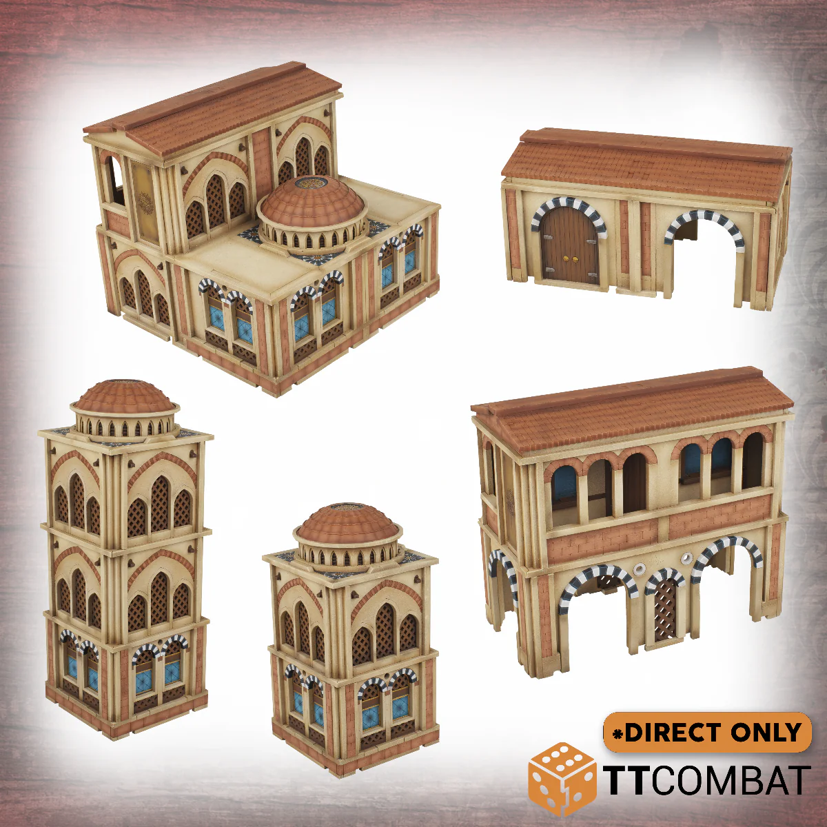 five painted and assembled buildings