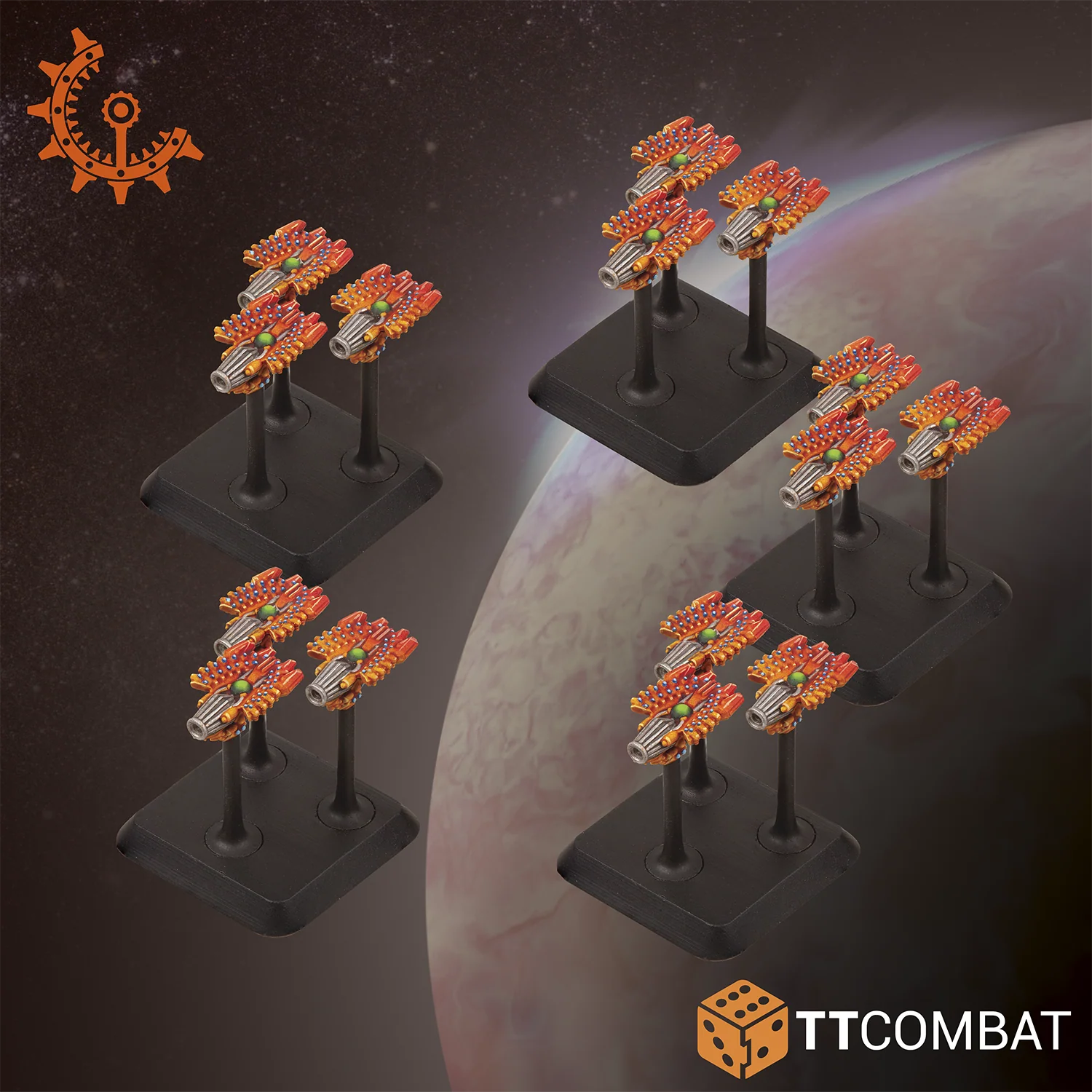 five units of tiny painted orange ship miniatures
