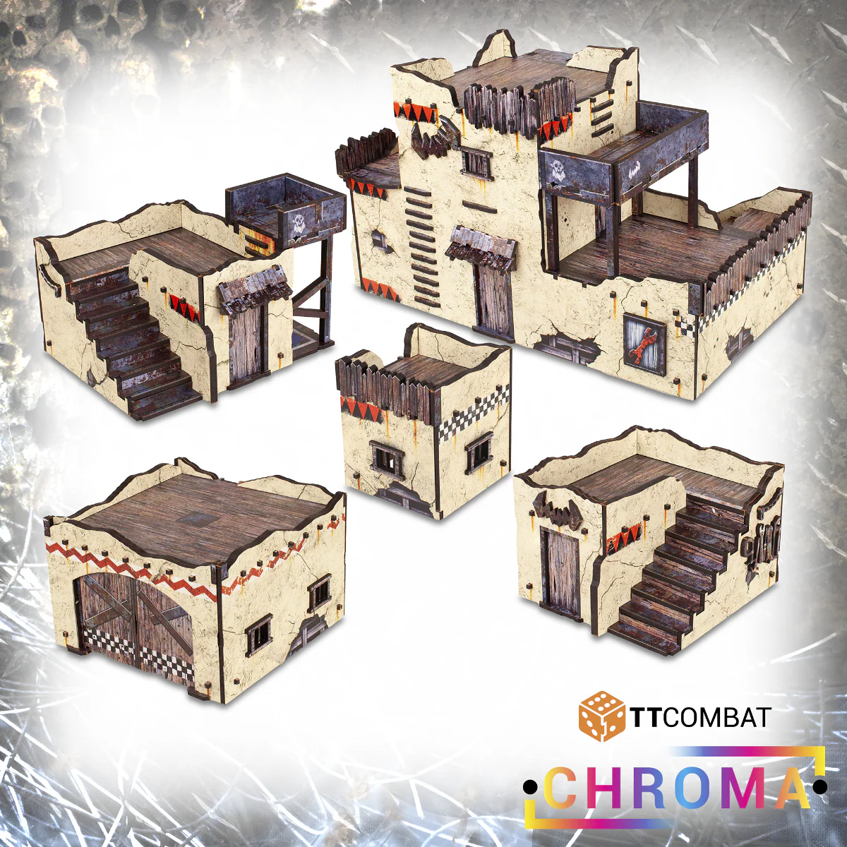 five wooden buildings built terrain