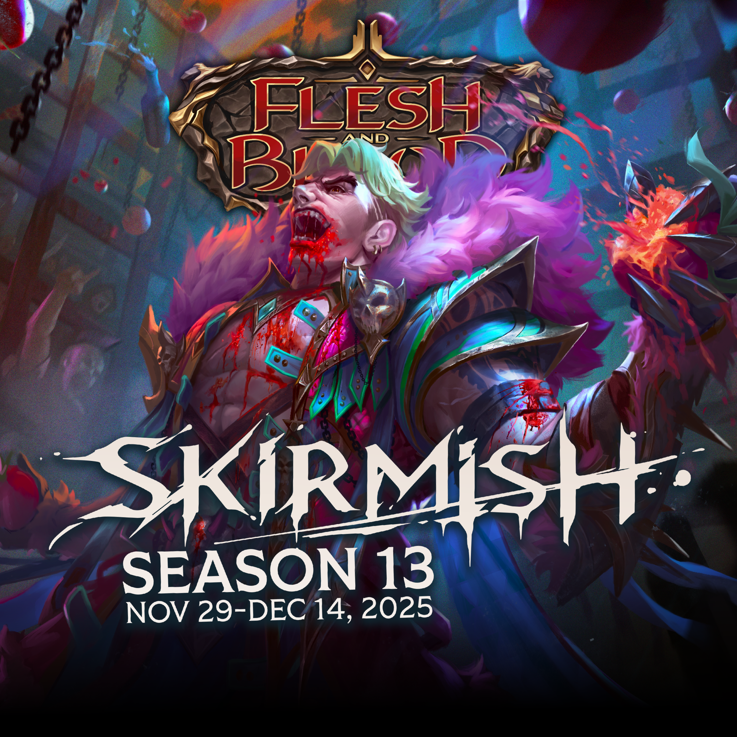 flesh and blood season 13 skirmish banner featuring art of a man very messily eating fruit