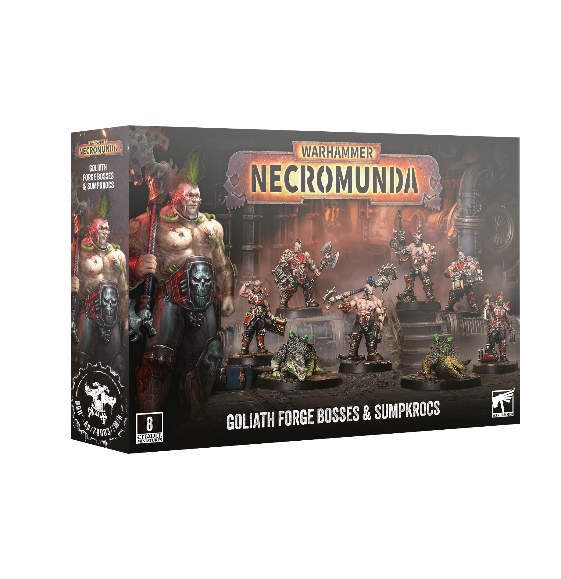 front of box featuring painted miniatures of six men with mow hawks and two alien crocodiles