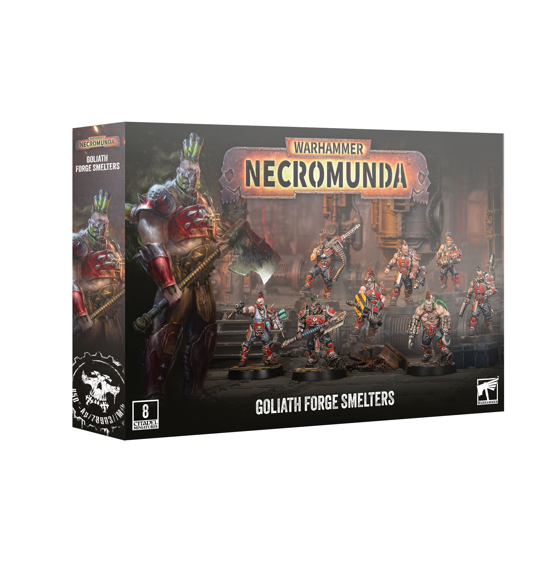 front of box featuring painted miniatures of eight shirtless men with mow hawks and red armor pieces