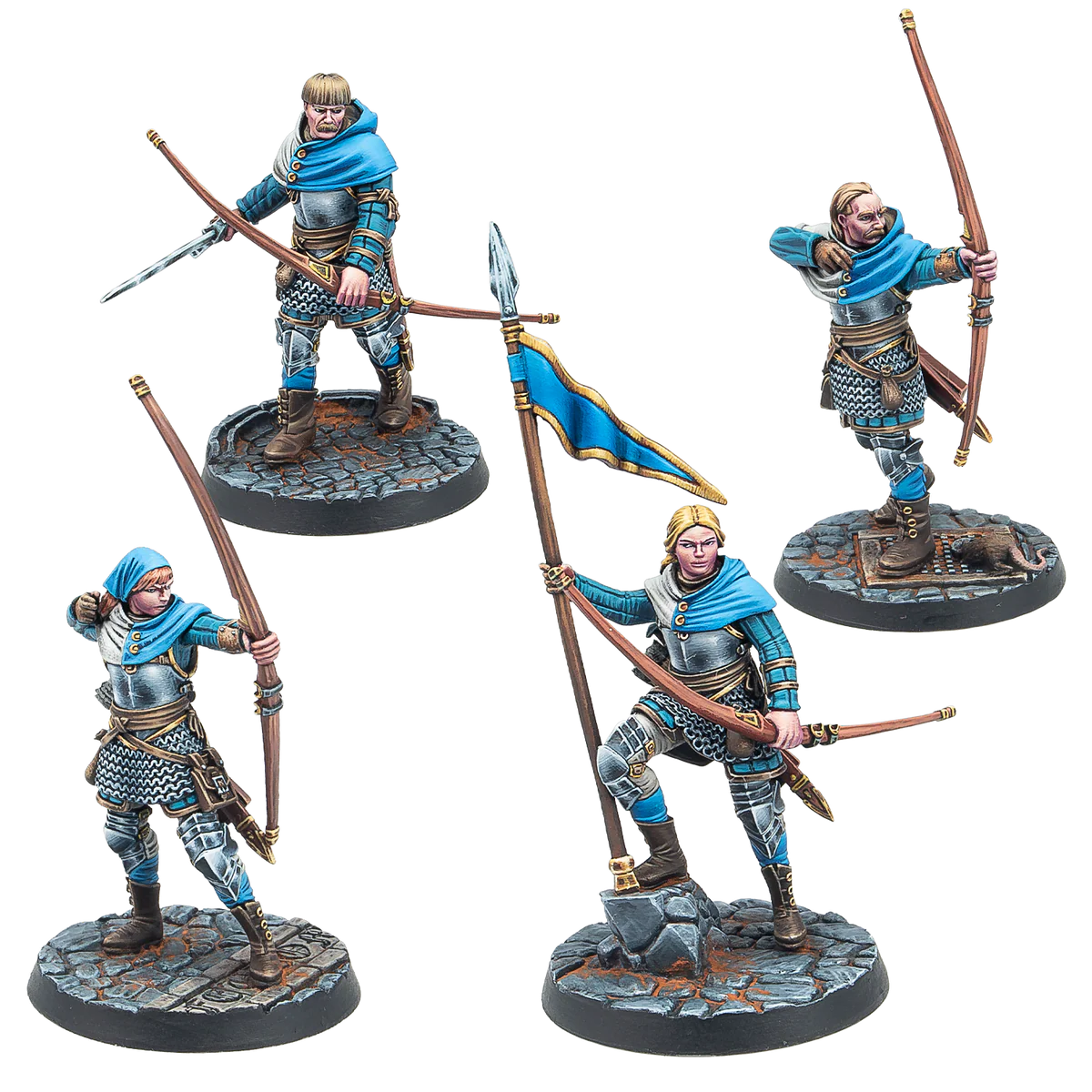 four archers in blue and white uniforms painted miniatures