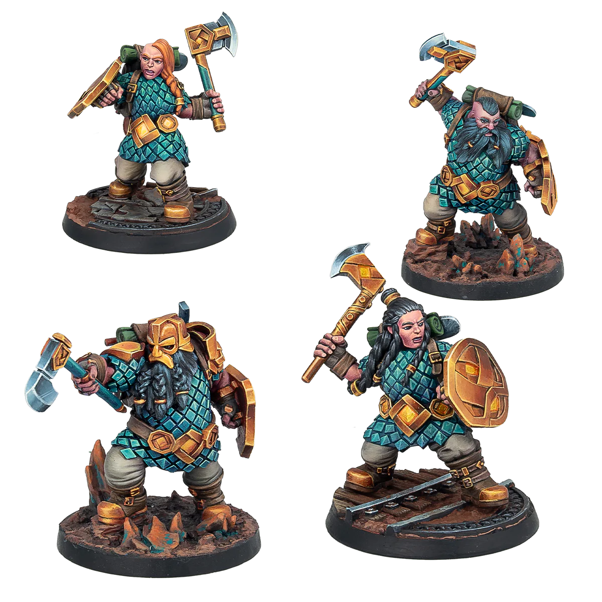 four axe wielding dwarf miniatures