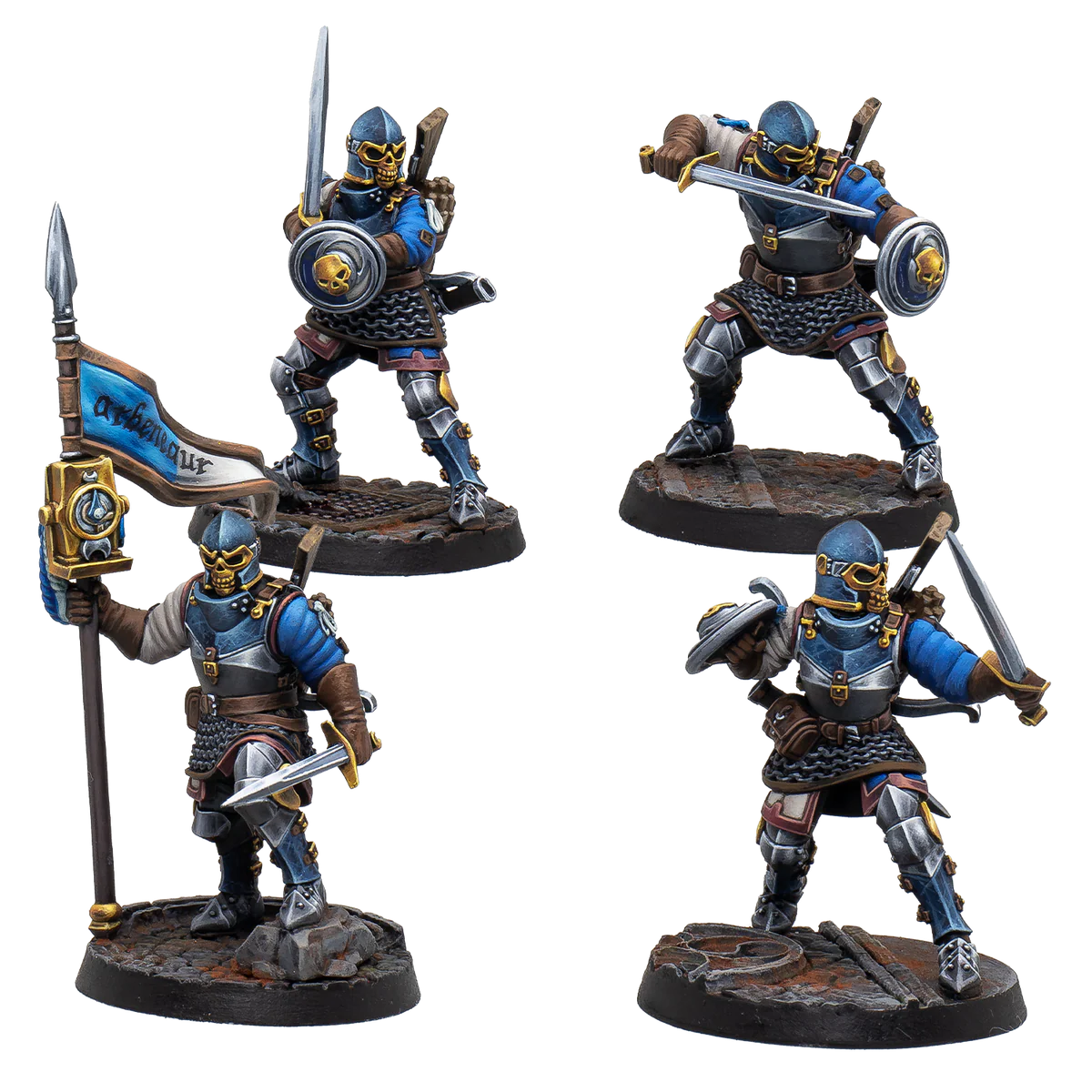 four blue and gold painted miniatures