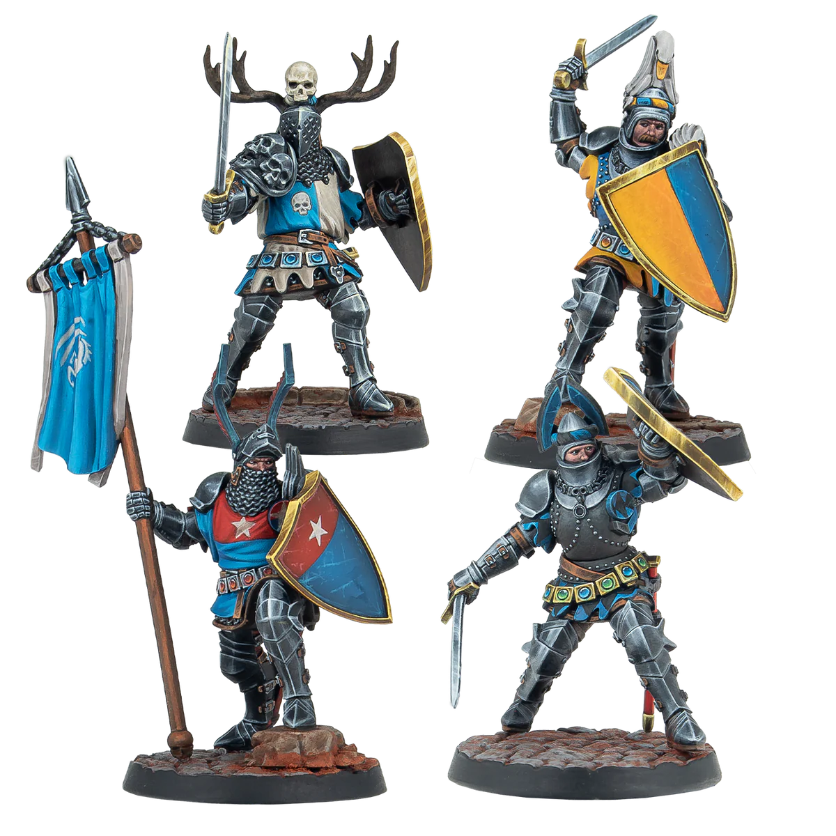 four knights in blue and gold painted miniatures