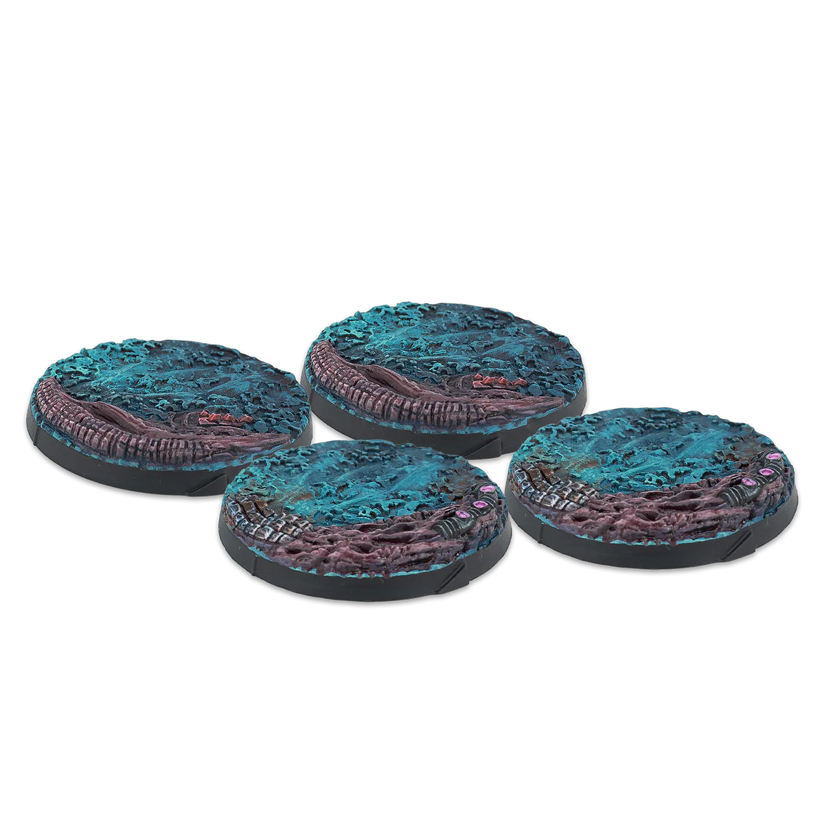 four large blue and purple painted alien themed round bases