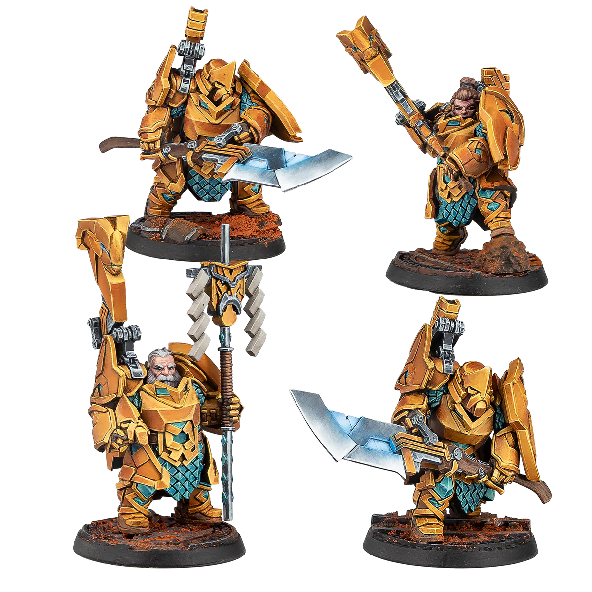 four painted dwarves in gold armor