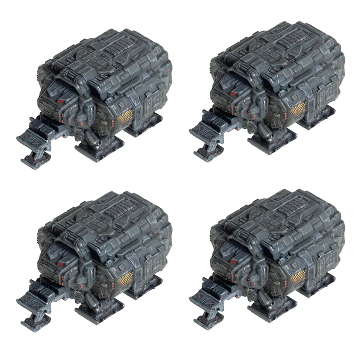 four painted miniature grey space ships with landing feet