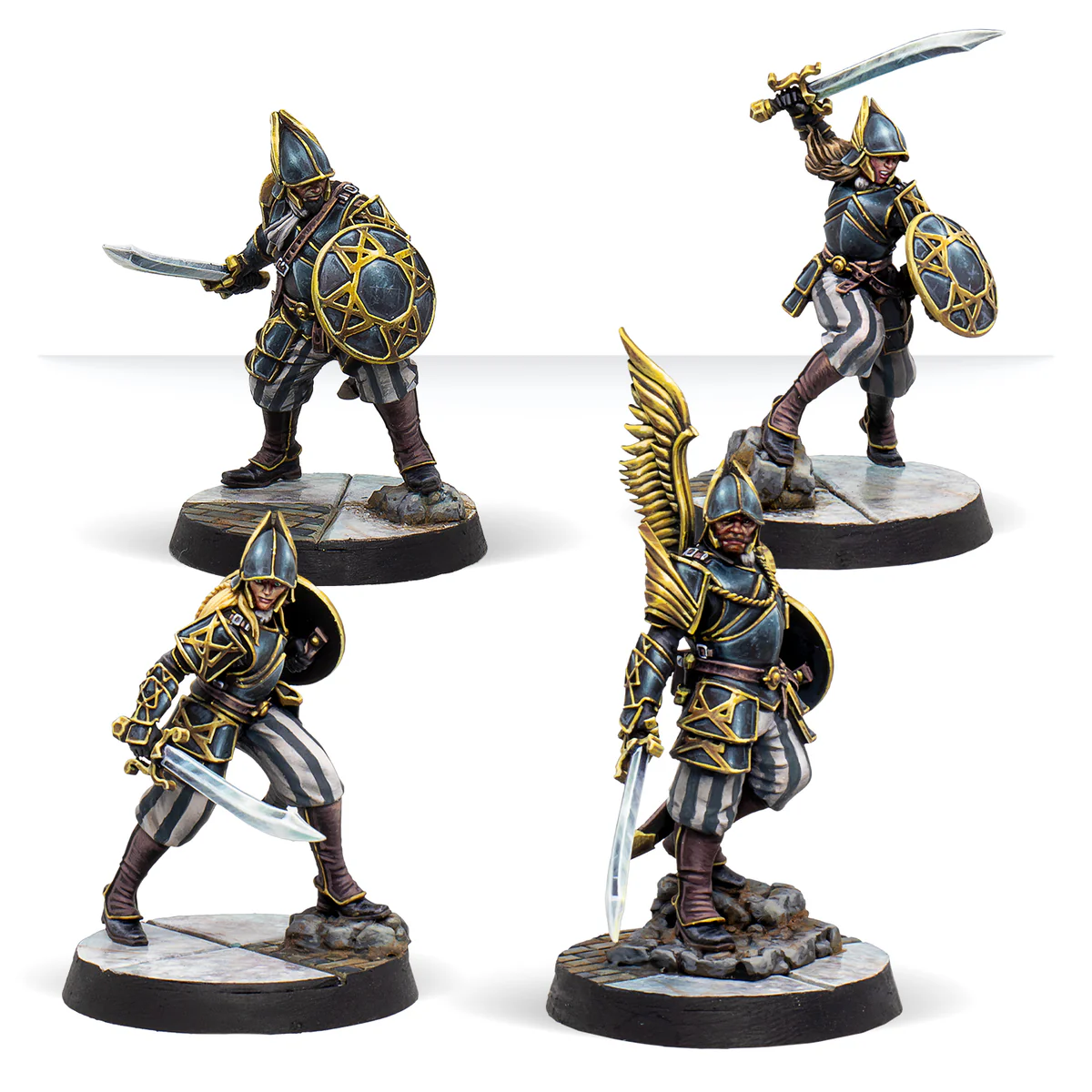 four painted miniatures in black and gold