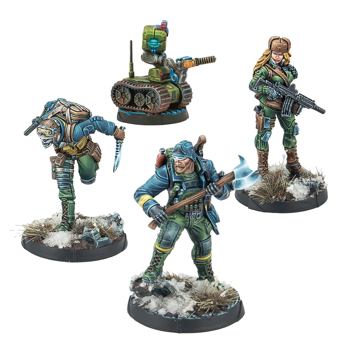 four painted miniatures in blue and green