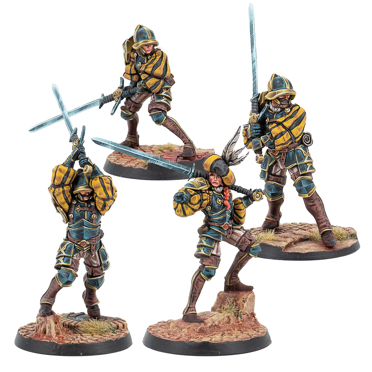four painted models in black and yellow uniforms