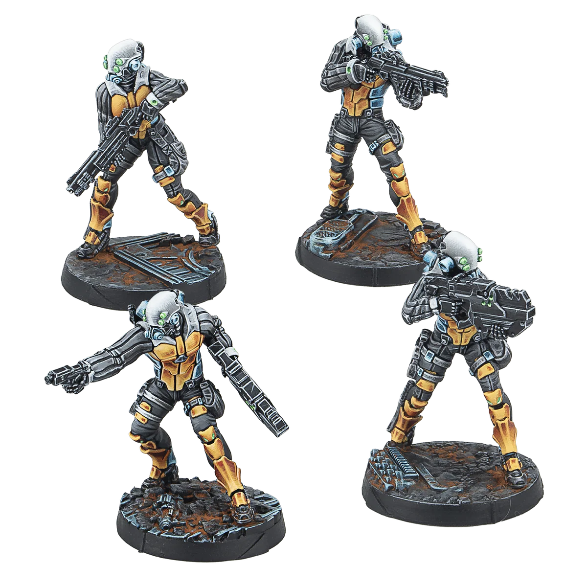 four painted solider miniatures in black and yellow