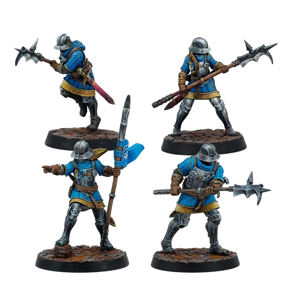 four painted solider miniatures wielding polearms