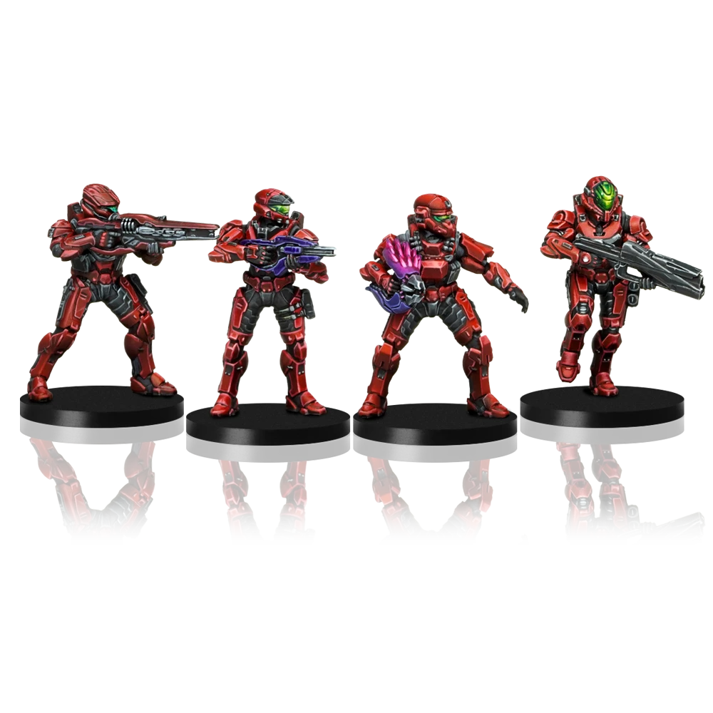 four painted spartan miniatures in red armor