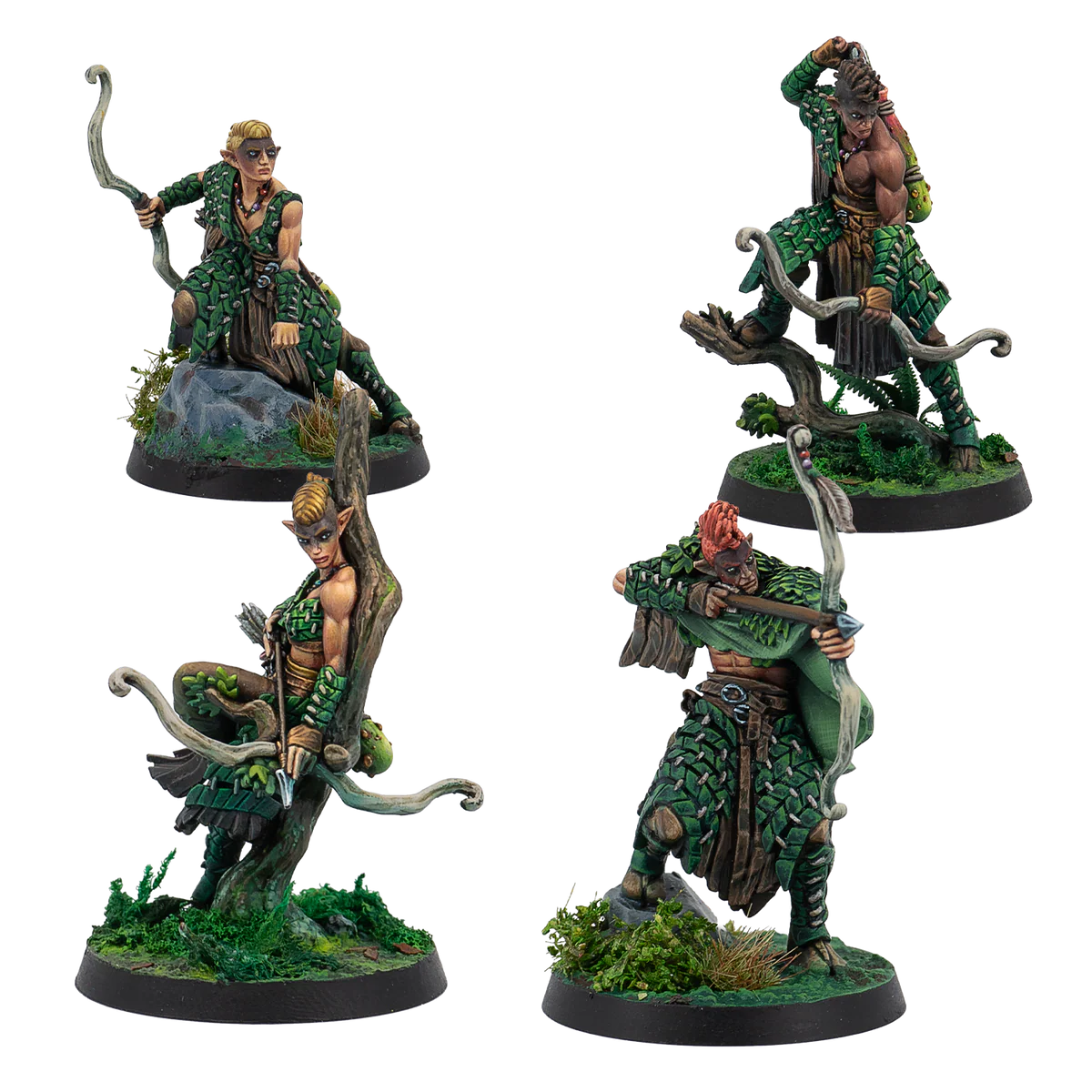 four painted wood elf archer miniatures