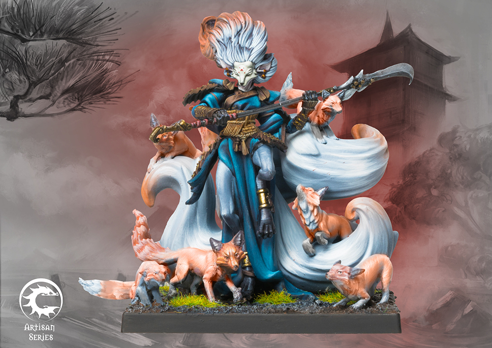 fox woman warrior surrounded by foxes