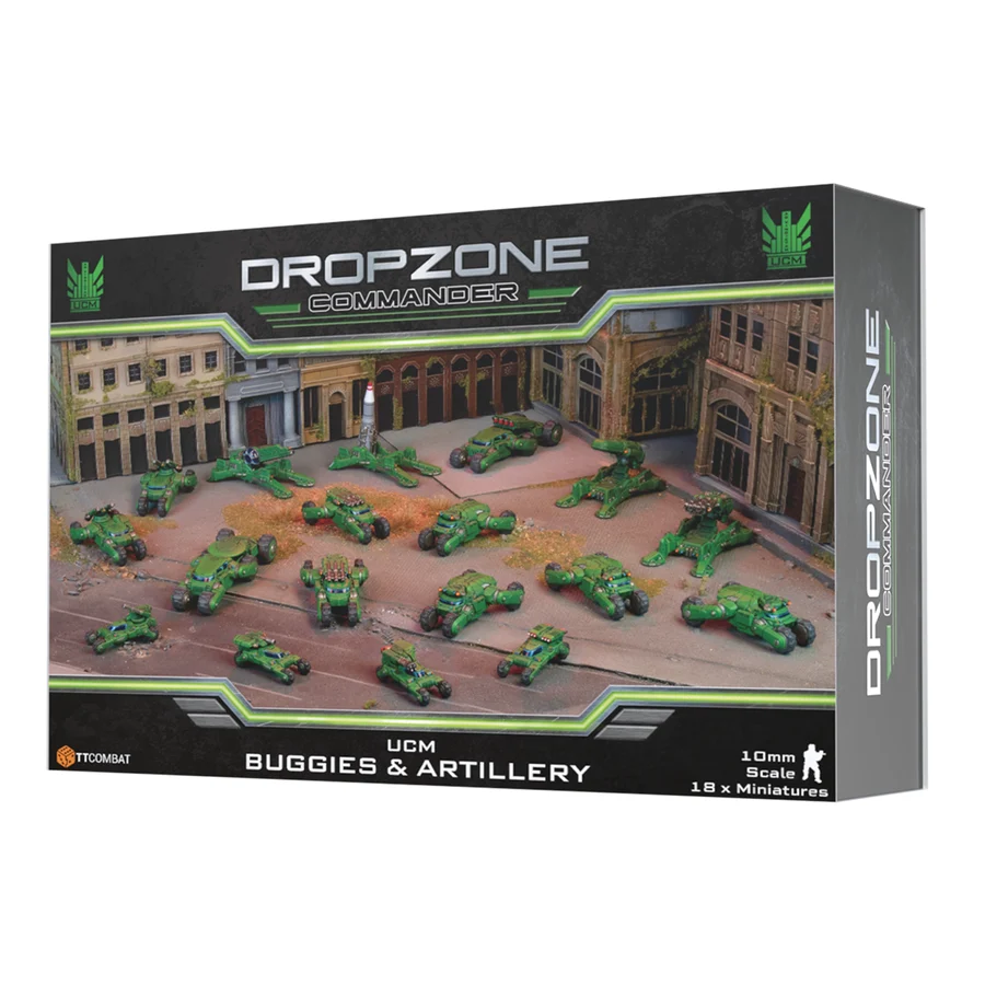 front of box featuring 14 painted green buggies and 4 painted green artillery