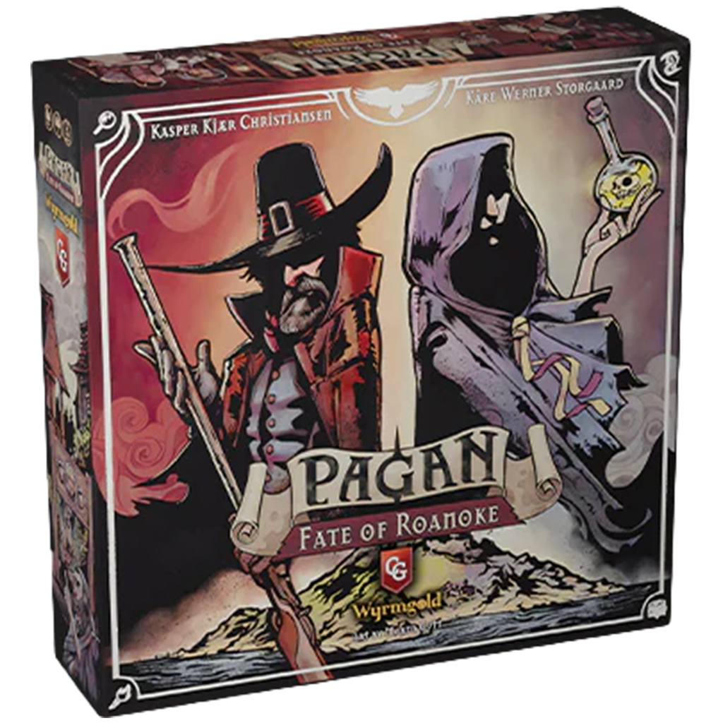 front of box featuring art of bearded pilgrim with rifle and hooded figure with poison