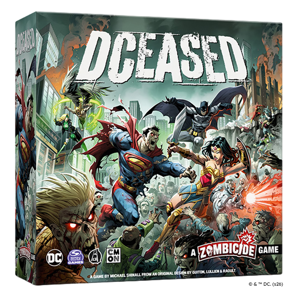 front of box featuring art of wonder woman and bat man fighting zombie super man and aqua man