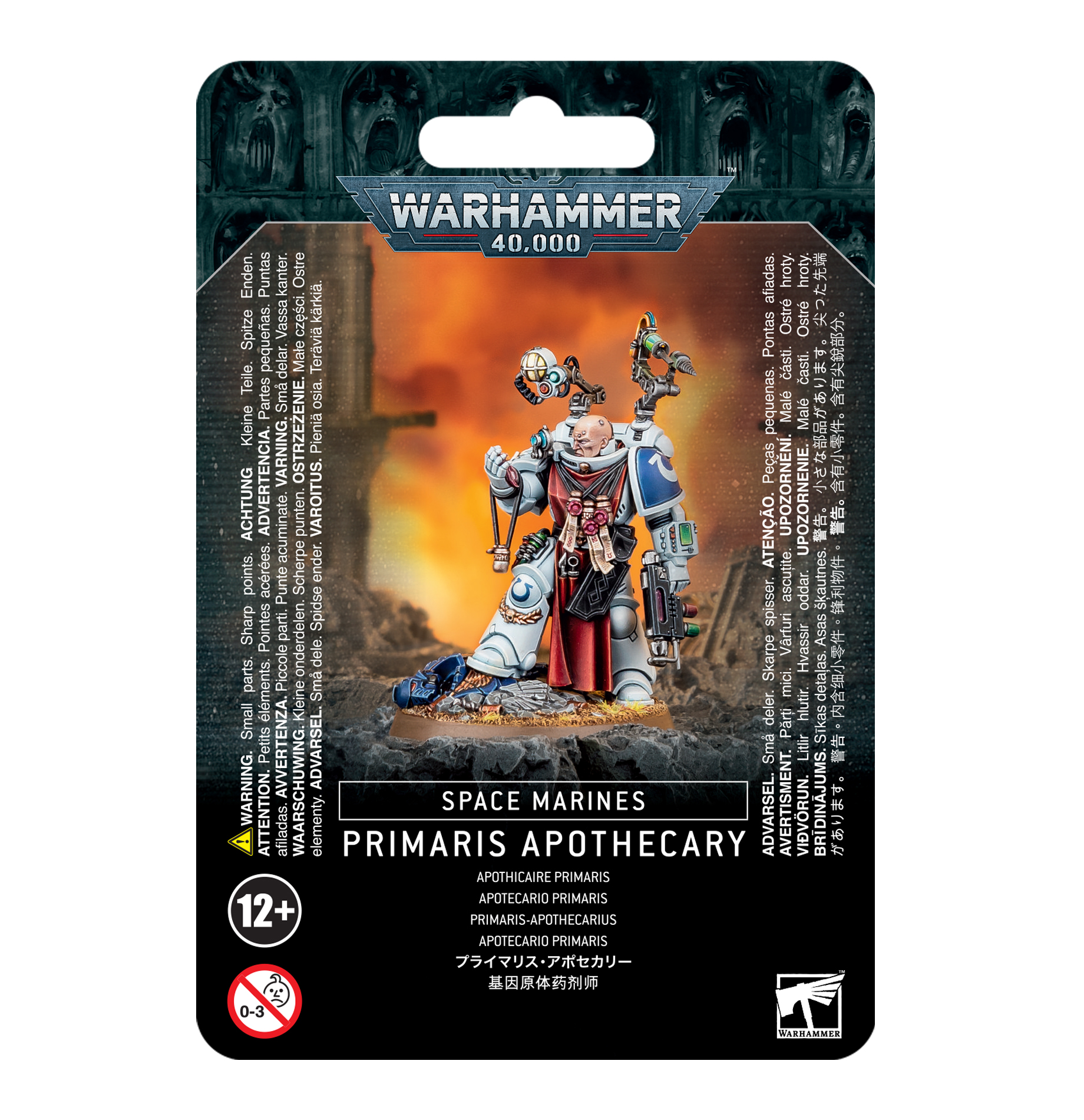 front of box featuring bald space marine in white power armor