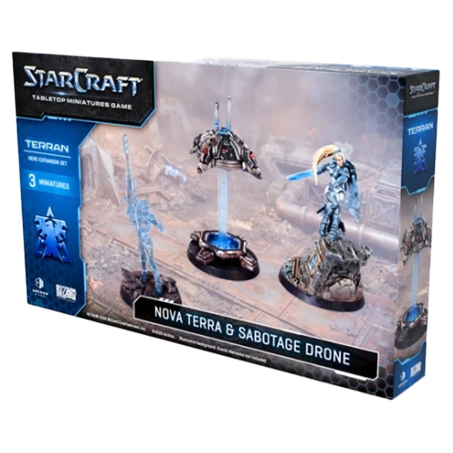 front of box featuring blonde woman with gun, hologram, and floating drone