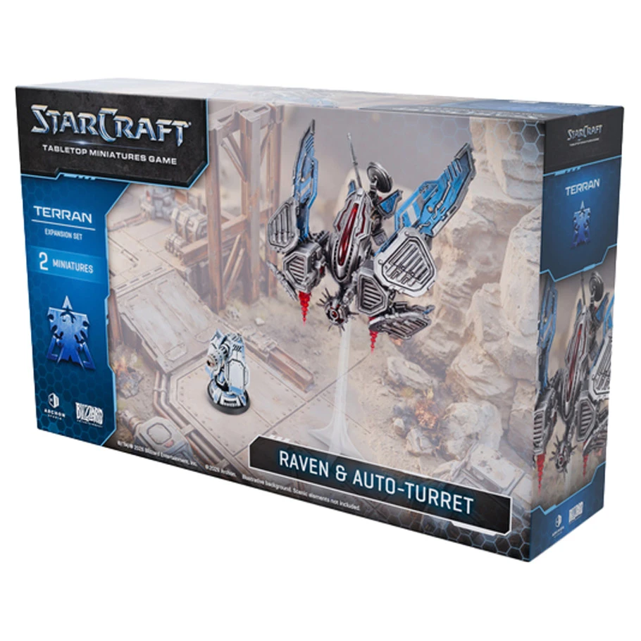 front of box featuring blue and silver flier and small turret