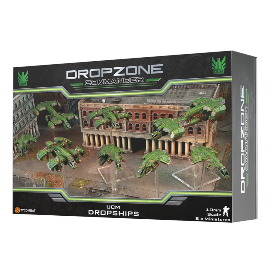 front of box featuring eight painted green fliers