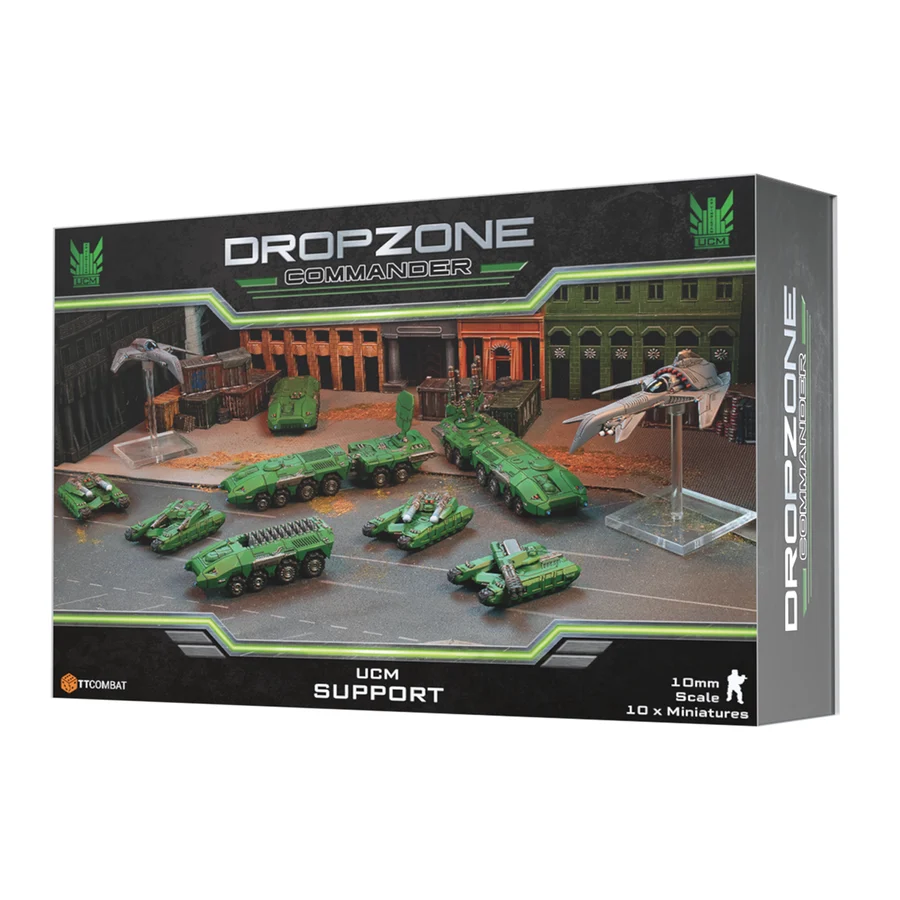 front of box featuring eight painted green tanks and two silver planes