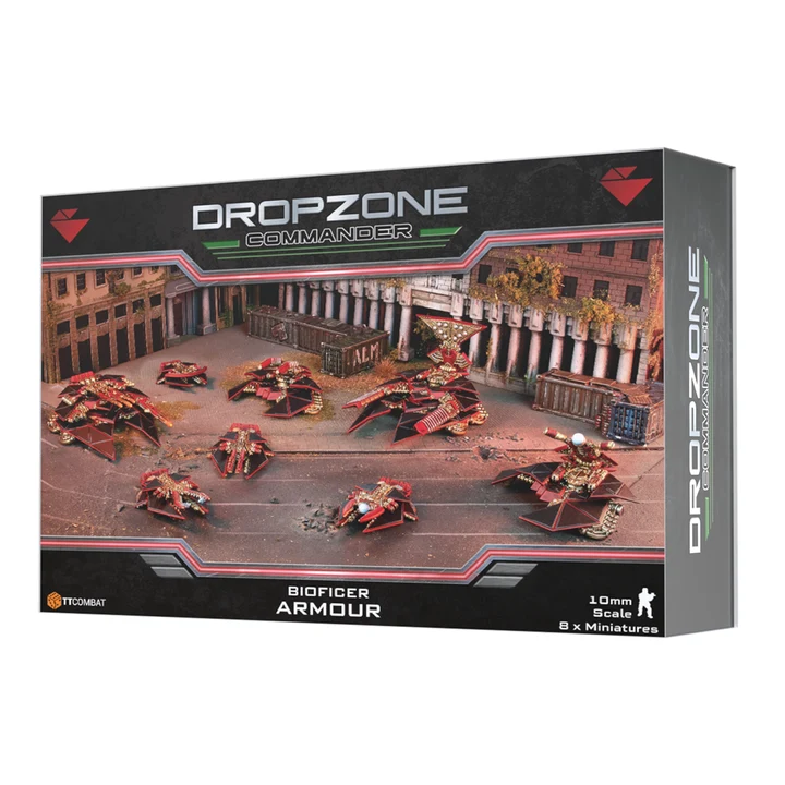 front of box featuring eight painted vehicles in black and red