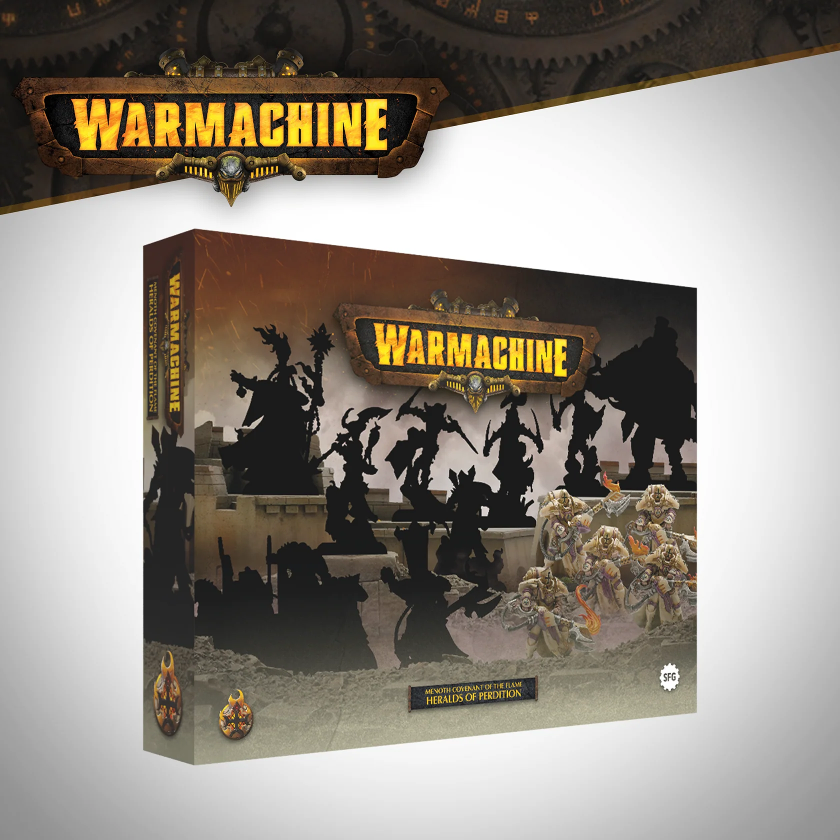 front of box featuring five painted miniatures ten unrevealed miniature silhouettes