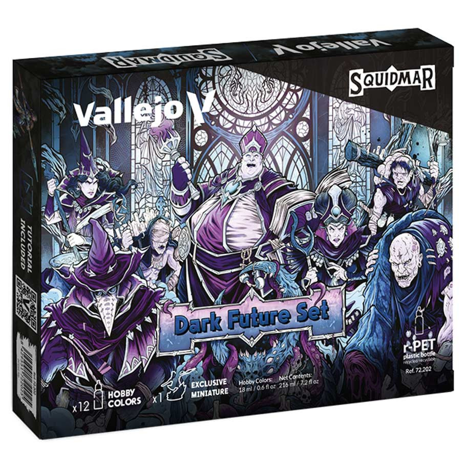 front of box featuring grim dark illustration in blues and purples