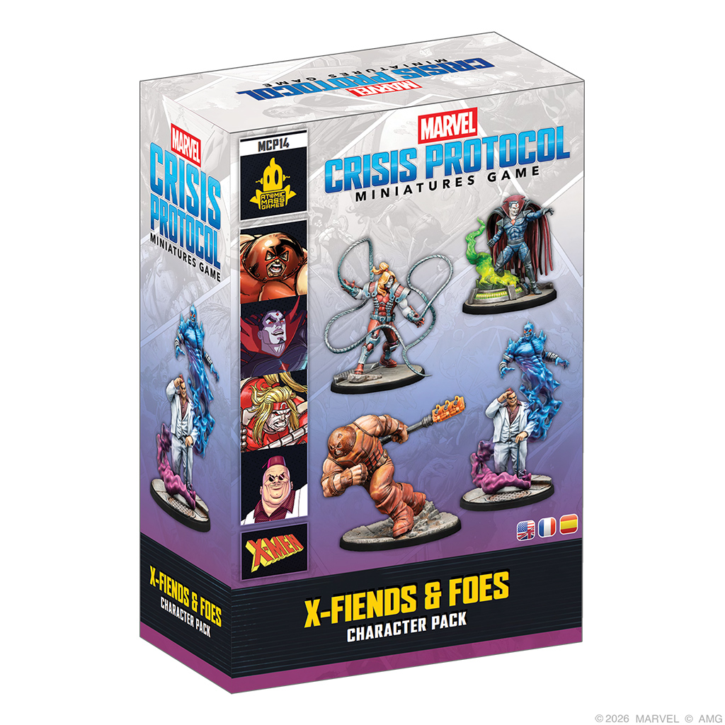 front of box featuring painted miniatures of marvel characters juggernaut, Mister Sinister, Omega Red, and Shadow King