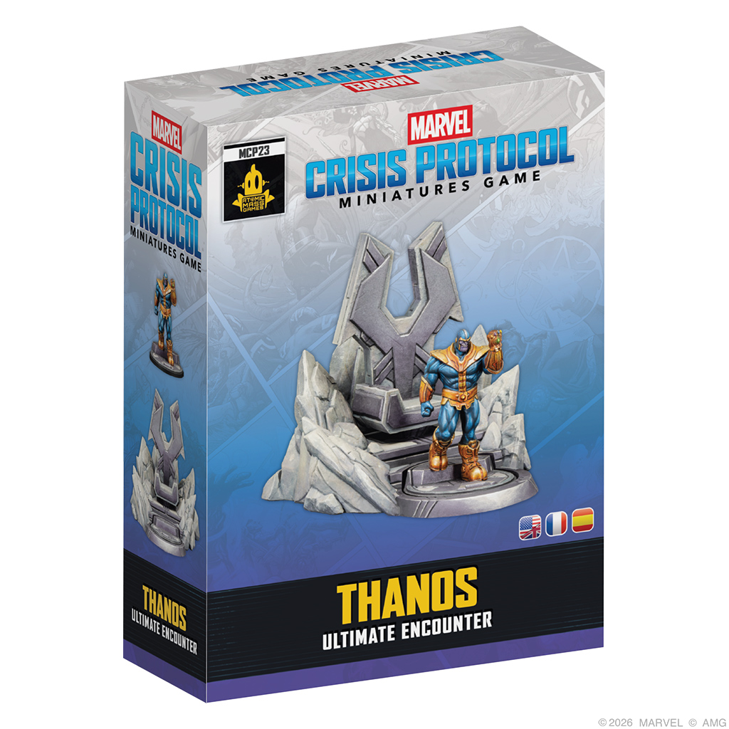 front of box featuring painted thanos stepping down from stone throne