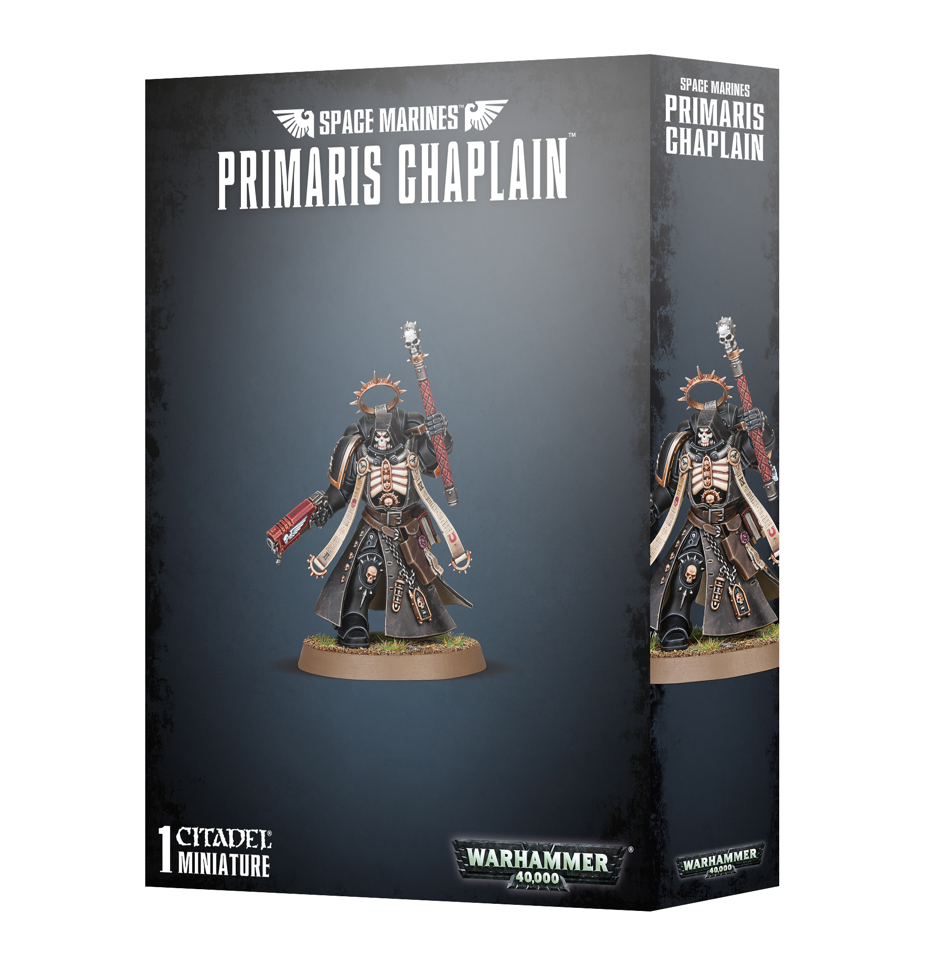 front of box featuring space marine in black robes with skull mask