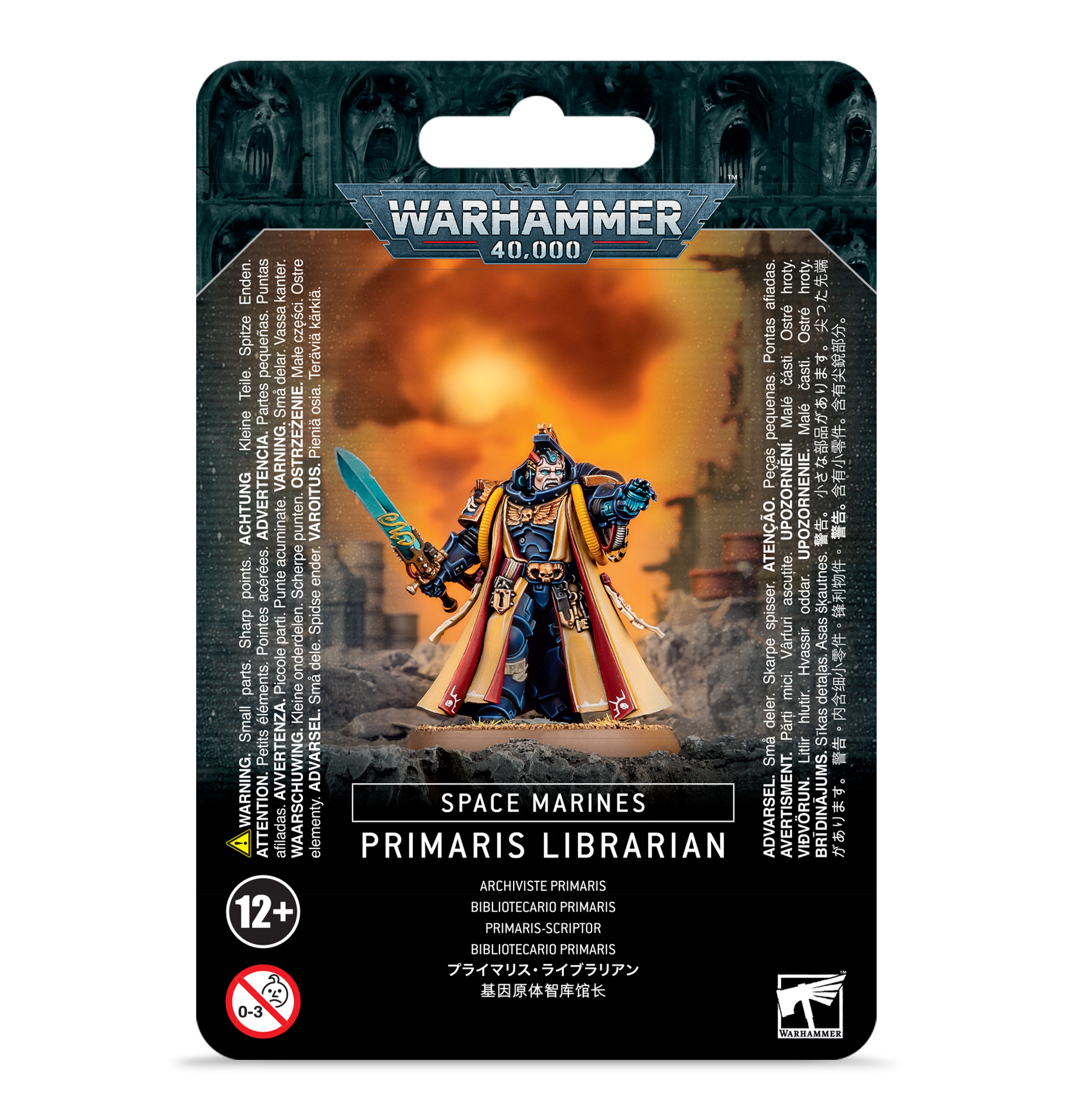 front of box featuring space marine in gold robes and blue power armor