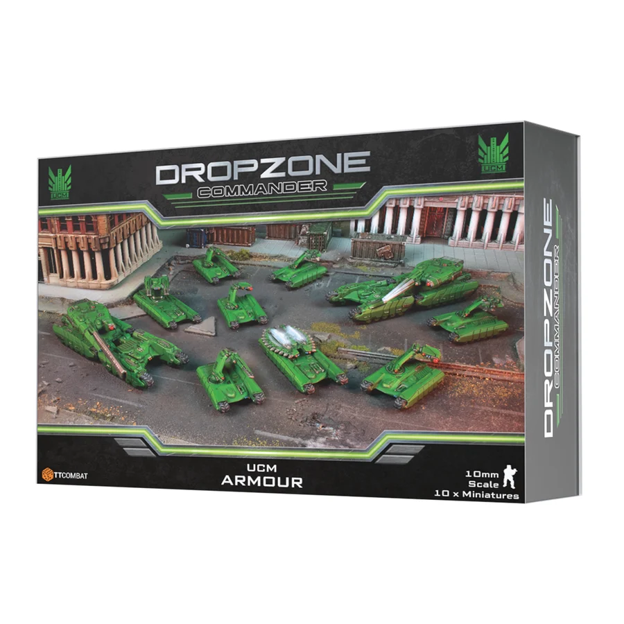 front of box featuring ten painted miniature tanks in green