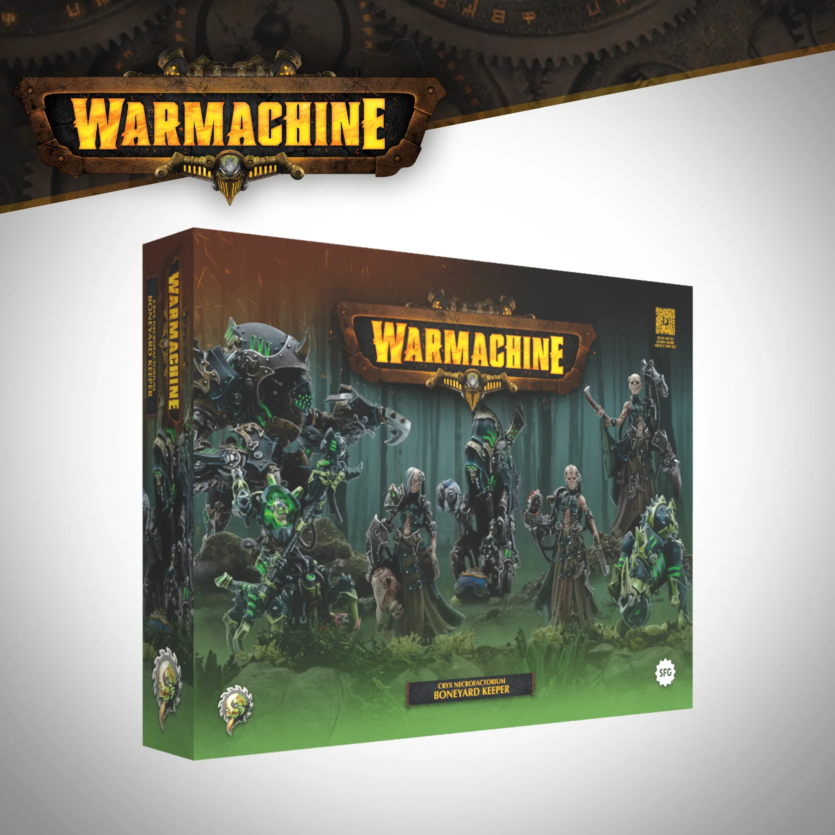 front of box featuring three cyborg zombies and four glowing robots